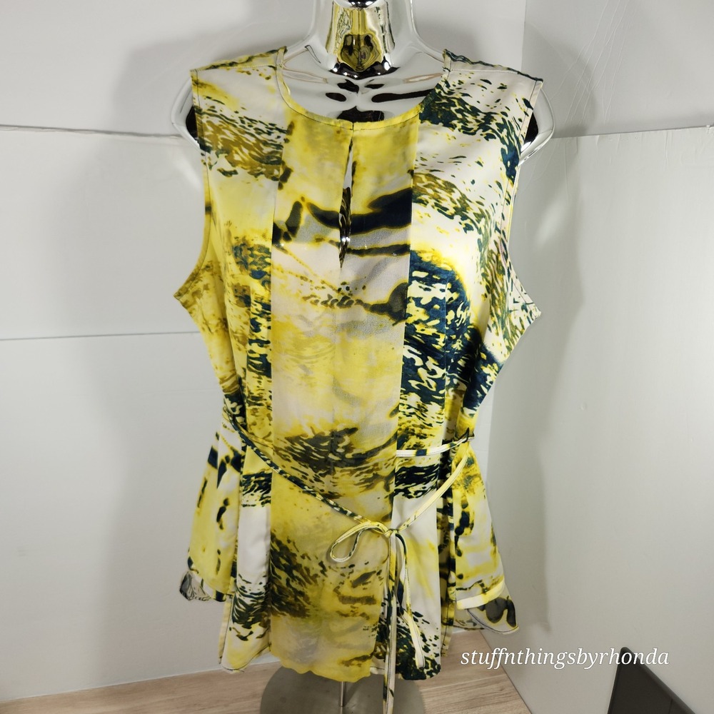 Simply Vera Wang Womens Top Sz XL Yellow Gray White Abstract‎ Sleeveless Blouse